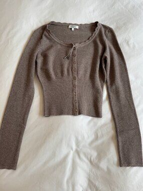 Mirror palais brown cardigan with scalloped trim and buttons